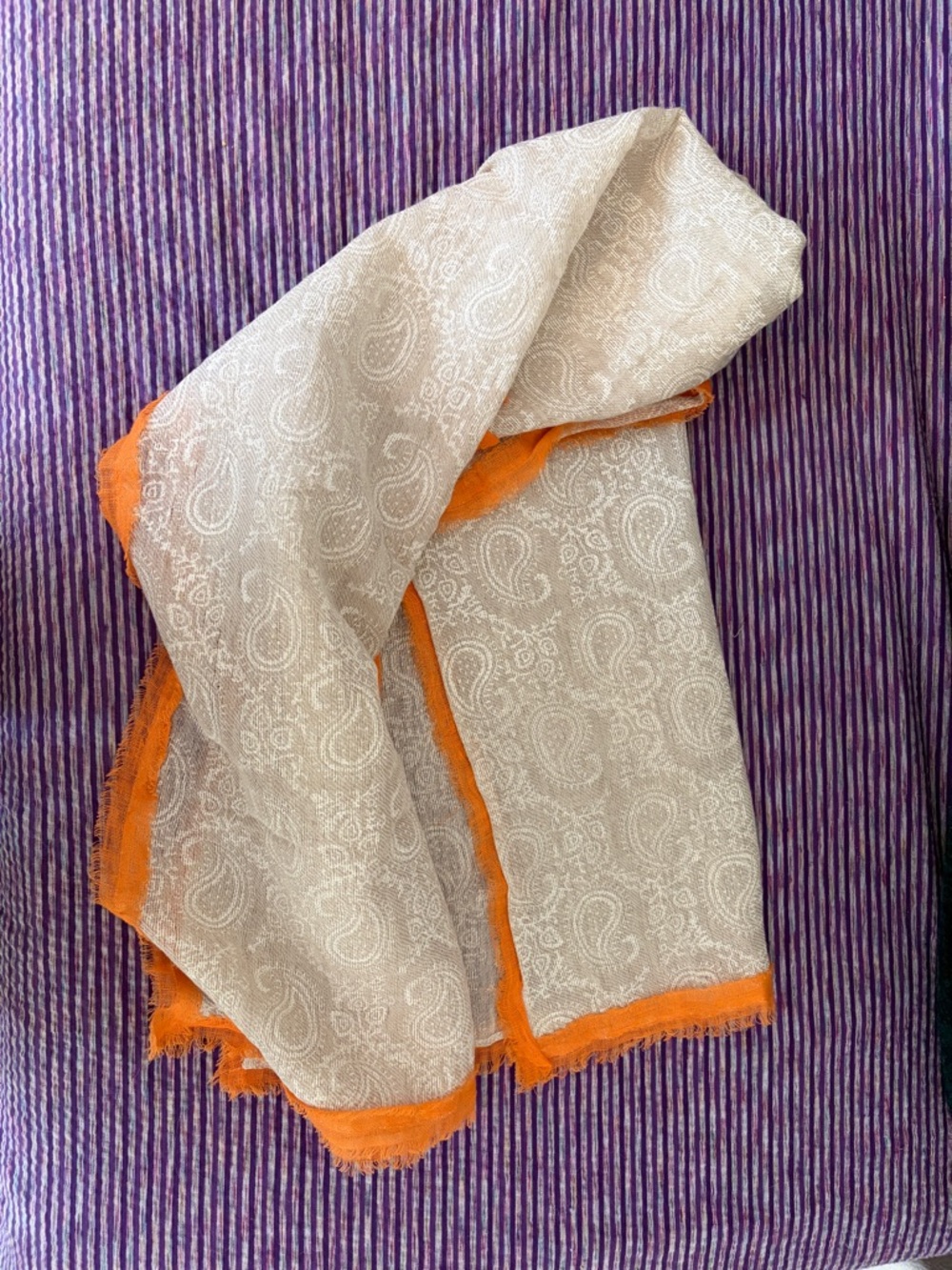 Nalini Linen Light Cream Paisley Scarf with Orange Trim